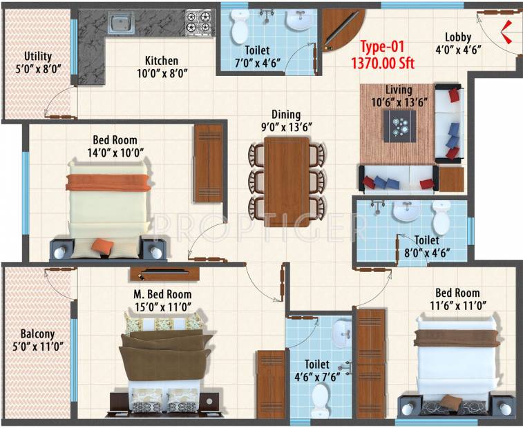 Dhiraan Ferns Bluebells (3BHK+3T (1,370 sq ft) 1370 sq ft)