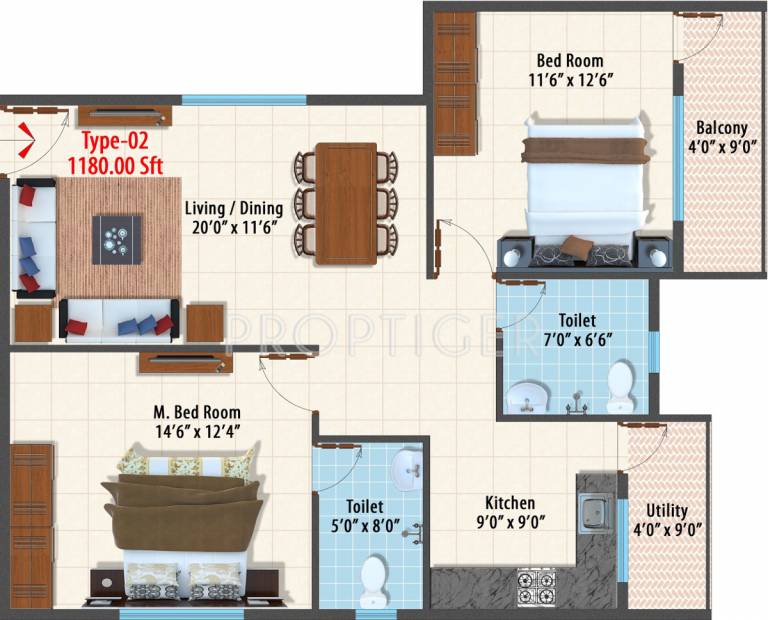 Dhiraan Ferns Bluebells (2BHK+2T (1,180 sq ft) 1180 sq ft)