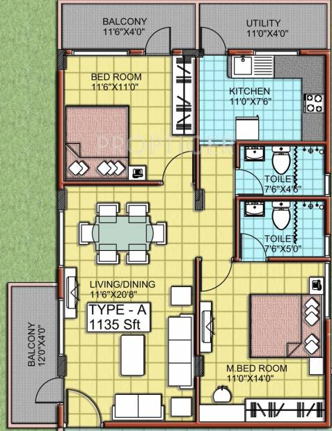 Griha Imperial Indraprastha (2BHK+2T (1,135 sq ft) 1135 sq ft)