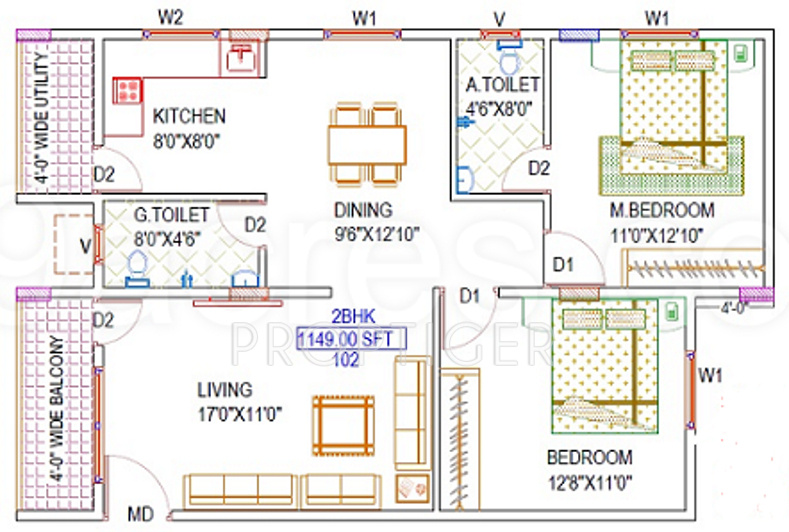 J K Kruthika Heights (2BHK+2T (1,149 sq ft) 1149 sq ft)