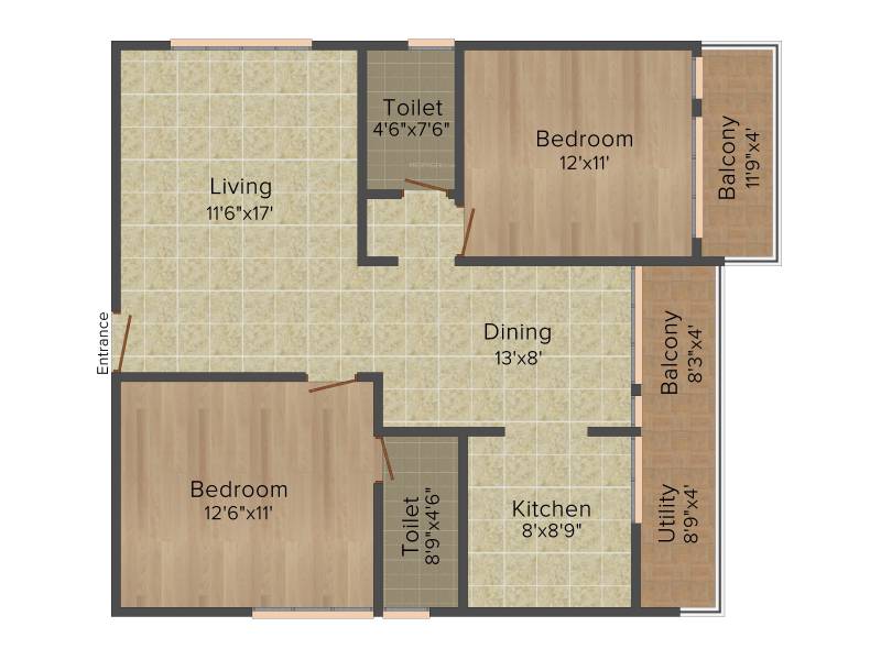 Sai Purvi Developers Pride 2BHK+2T (1,130 sq ft)