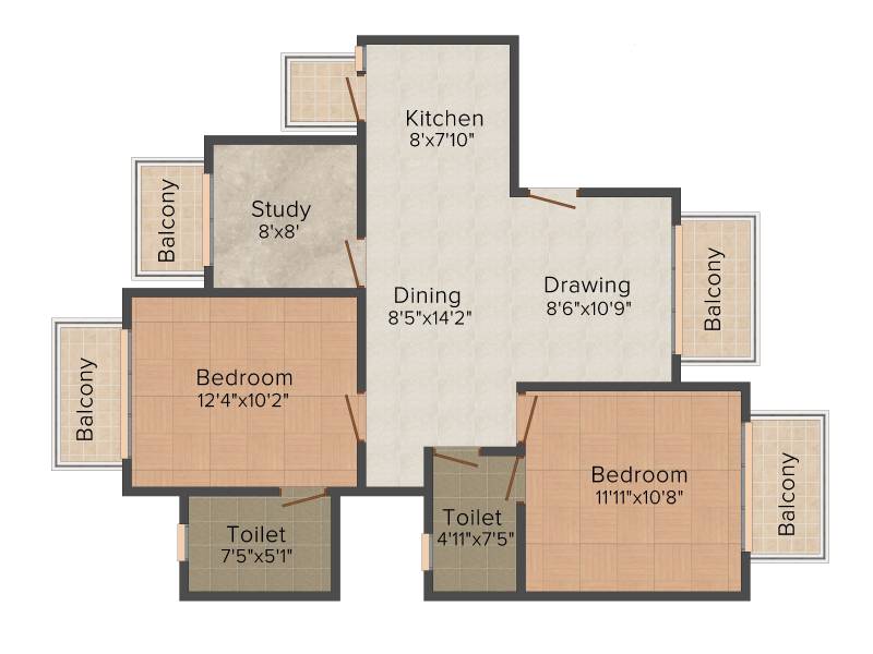 CHD Paradiso (2BHK+2T (1,075 sq ft) + Study Room 1075 sq ft)