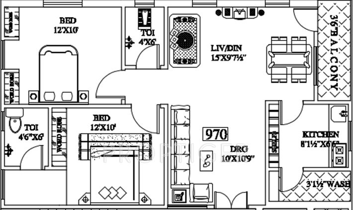 Aditya Prakruthi Nilayam (2BHK+2T (970 sq ft) 970 sq ft)