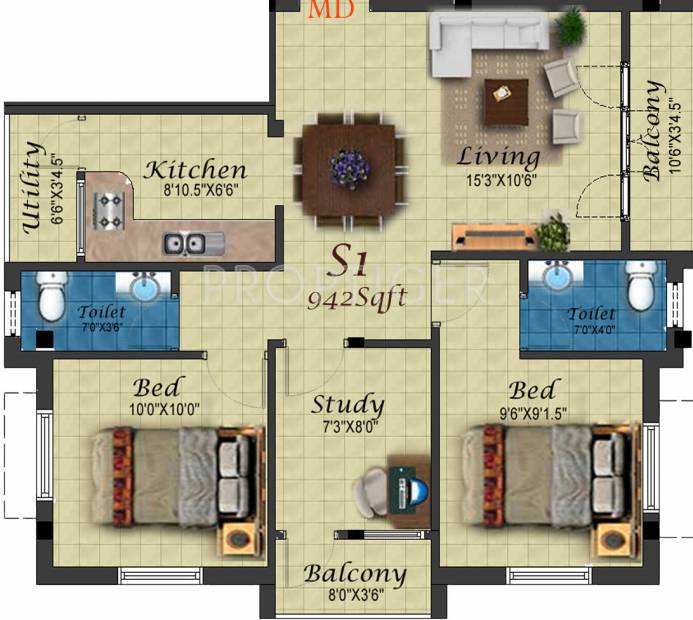 Yogalakshmi Constructions Flat (2BHK+2T (942 sq ft)   Study Room 942 sq ft)