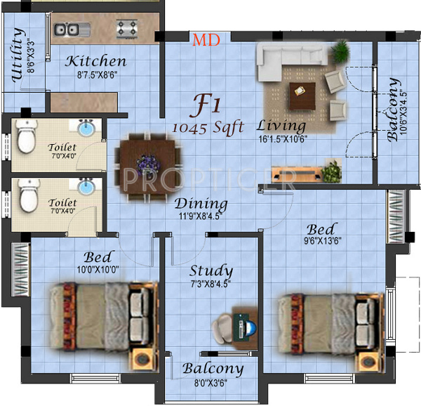 Yogalakshmi Constructions Flat (2BHK+2T (1,045 sq ft)   Study Room 1045 sq ft)