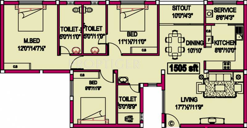 Vignesh Flats Arudhra Floor Plan (3BHK+3T (1,505 sq ft) 1505 sq ft)