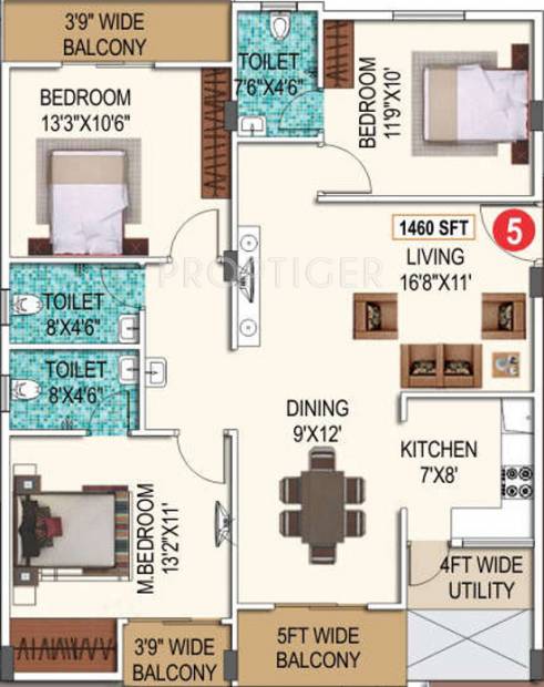 Dwarakamai Jupiter (3BHK+3T (1,460 sq ft) 1460 sq ft)