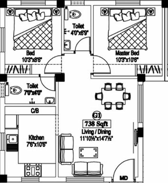 Jaya Arcade (2BHK+2T (738 sq ft) 738 sq ft)