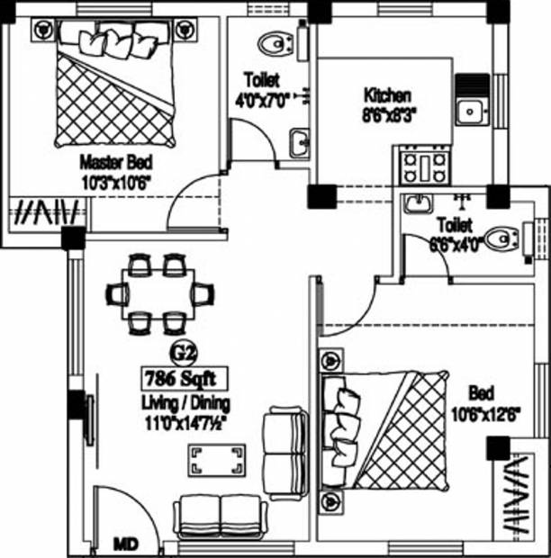 Jaya Arcade (2BHK+2T (786 sq ft) 786 sq ft)