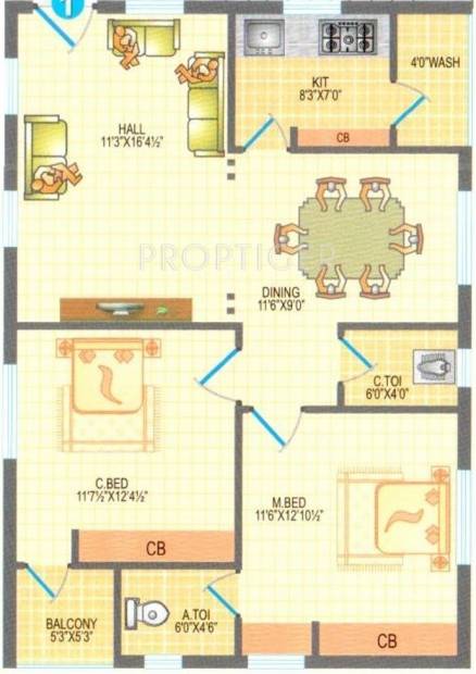 Surya Meadows Floor Plan (2BHK+2T (1,160 sq ft) 1160 sq ft)