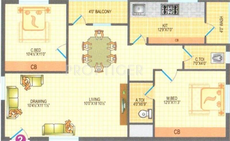 Surya Meadows Floor Plan (2BHK+2T (1,170 sq ft) 1170 sq ft)