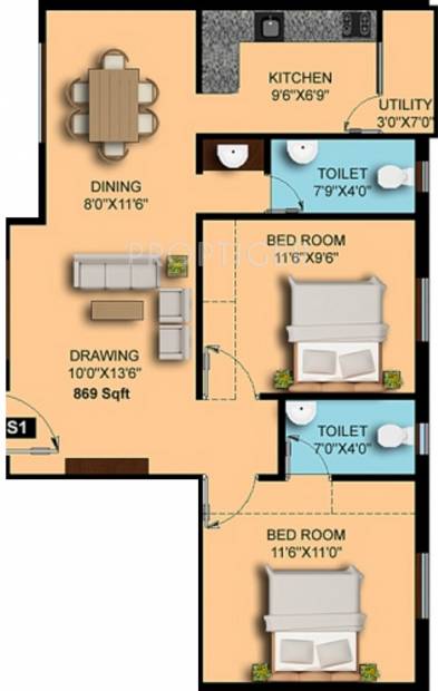Oliyas Ruby (2BHK+2T (869 sq ft) 869 sq ft)
