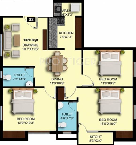 Oliyas Ruby (3BHK+2T (1,070 sq ft) 1070 sq ft)