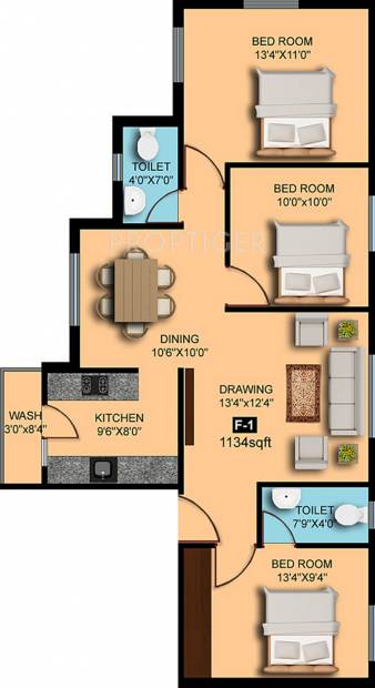Oliyas Ruby (3BHK+2T (1,134 sq ft) 1134 sq ft)