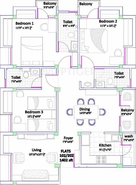 Oliyas Ruby (3BHK+3T (1,402 sq ft) 1402 sq ft)