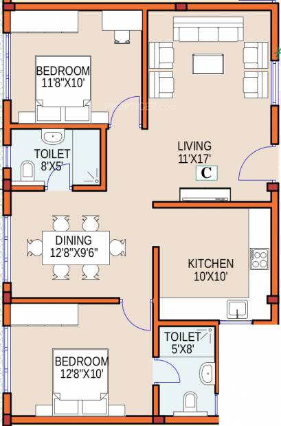 Foundations Prakruthi Floor Plan (2BHK+2T (854 sq ft) 854 sq ft)