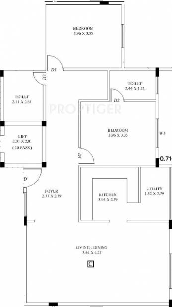 Foundations Sudharshana Floor Plan (2BHK+2T (1,185 sq ft) 1185 sq ft)
