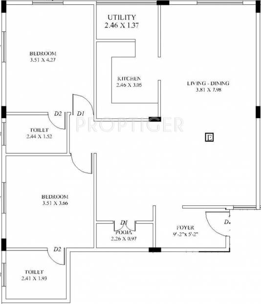 Foundations Sudharshana Floor Plan (2BHK+2T (1,400 sq ft) 1400 sq ft)