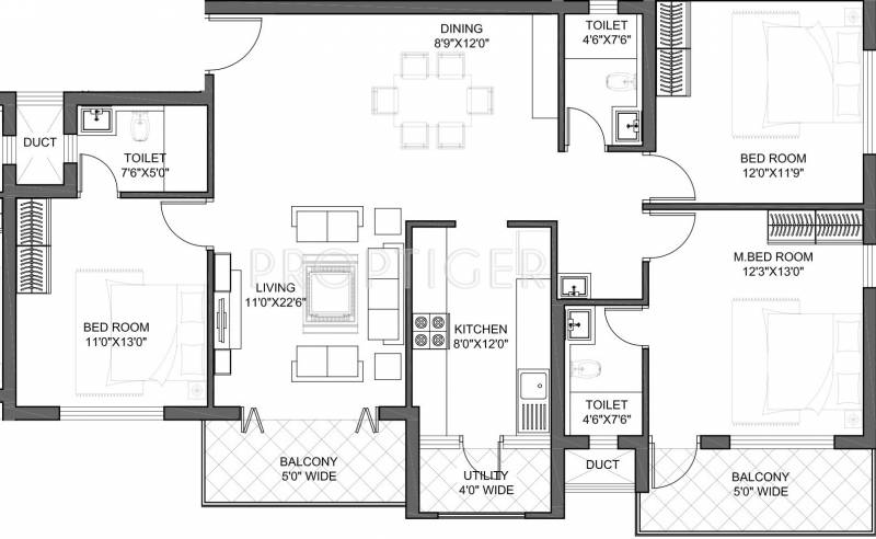 Udbhav Developers Bhaskar Coconut Groves Floor Plan (3BHK+3T (1,630 sq ft) 1630 sq ft)