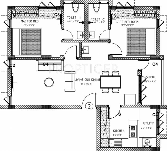 Ganesh Builder Rishaba Residency Floor Plan (2BHK+2T (1,026 sq ft) 1026 sq ft)