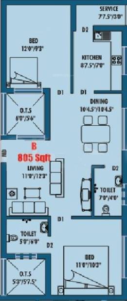 Sri Vasavi Anugraha Floor Plan (2BHK+2T (805 sq ft) 805 sq ft)