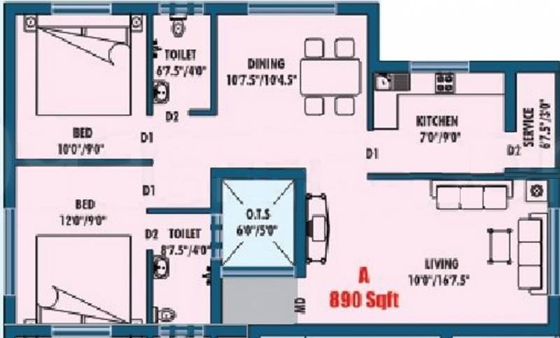 Sri Vasavi Anugraha Floor Plan (2BHK+2T (890 sq ft) 890 sq ft)