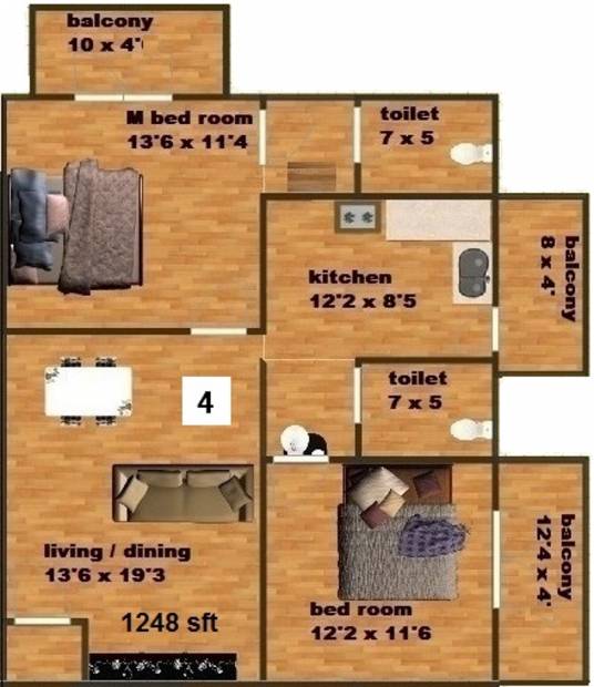 Venkatasai Land Ridge Floor Plan (2BHK+2T (1,248 sq ft) 1248 sq ft)