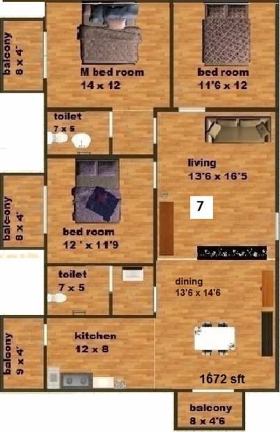 Venkatasai Land Ridge Floor Plan (3BHK+2T (1,672 sq ft) 1672 sq ft)