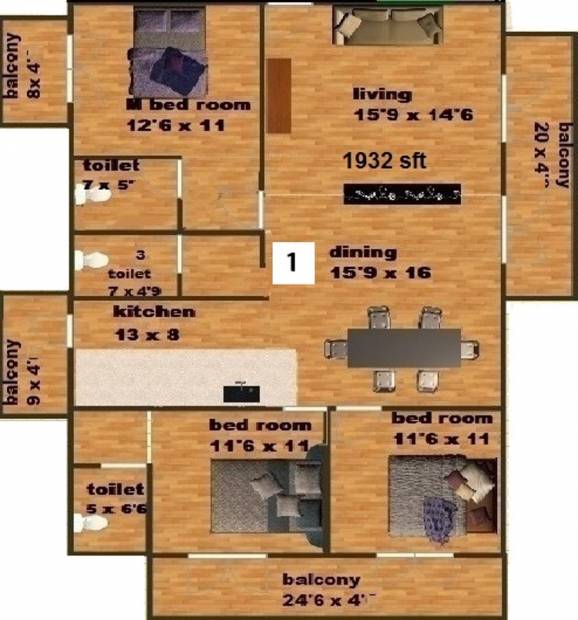 Venkatasai Land Ridge Floor Plan (3BHK+3T (1,932 sq ft) 1932 sq ft)