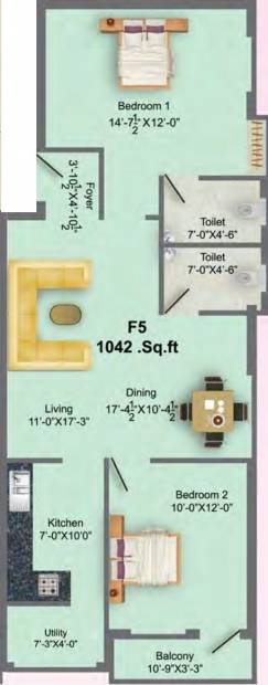 MS MM Cascade (2BHK+2T (1,042 sq ft) 1042 sq ft)