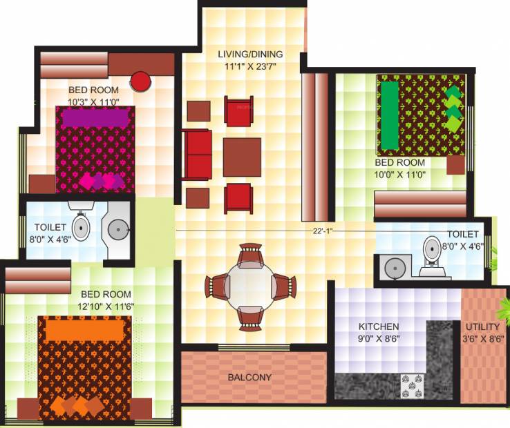 Bhumika Builders Pride Floor Plan (3BHK+2T (1,100 sq ft) 1100 sq ft)