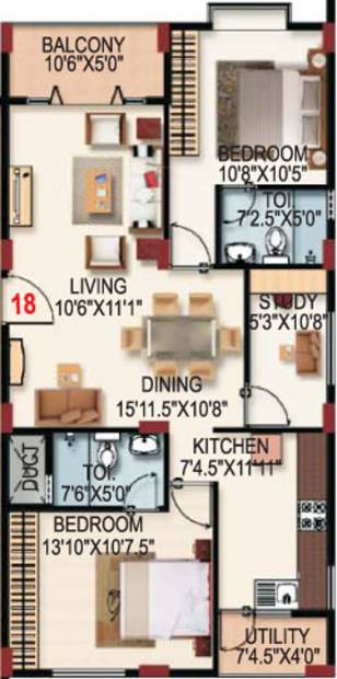 SLS Sapphire Floor Plan (2BHK+2T (1,220 sq ft)   Study Room 1220 sq ft)