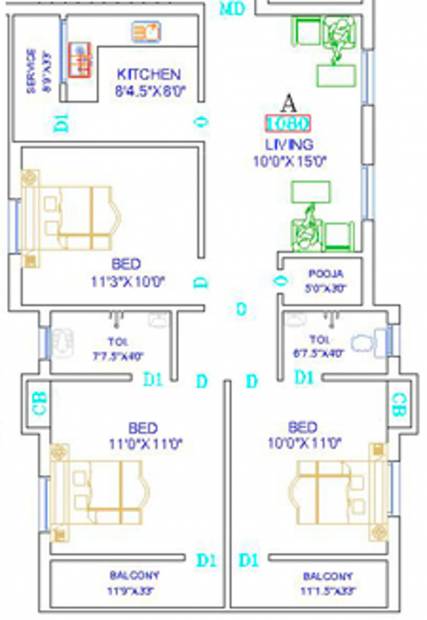 Suprabhath Constructions Suprabhath 1 (3BHK+2T (1,080 sq ft) + Pooja Room 1080 sq ft)