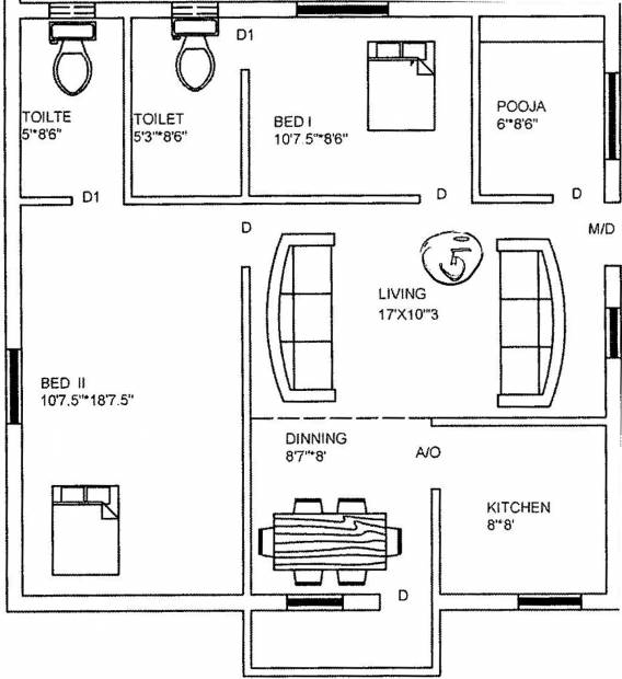 Om Enclave (2BHK+2T (956 sq ft)   Pooja Room 956 sq ft)