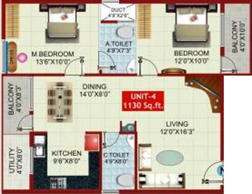 i1 SLR Comforts (2BHK+2T (1,130 sq ft) 1130 sq ft)