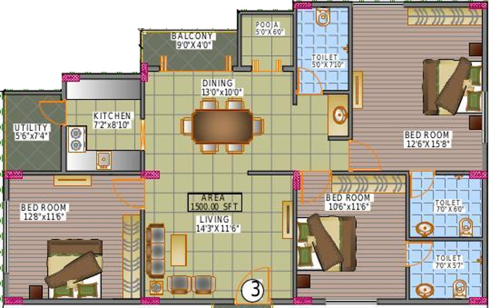 Dream Home Builders And Developers Nest (3BHK+3T (1,500 sq ft)   Pooja Room 1500 sq ft)