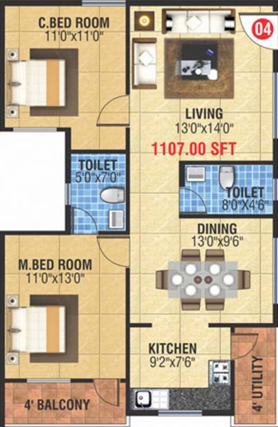 MBM Kamalanand Residency (2BHK+2T (1,107 sq ft) 1107 sq ft)