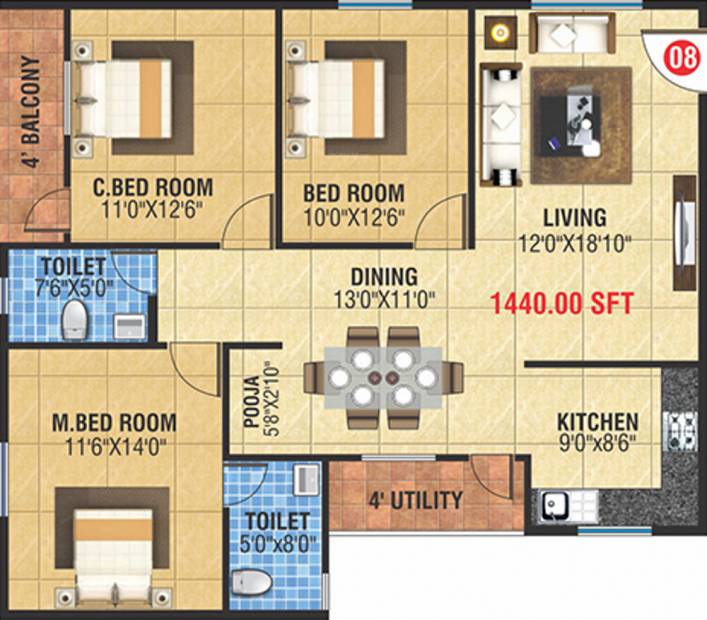 MBM Kamalanand Residency (3BHK+2T (1,440 sq ft)   Pooja Room 1440 sq ft)