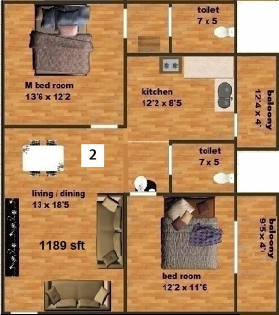 Venkatasai Land Ridge Floor Plan (2BHK+2T (1,189 sq ft) 1189 sq ft)