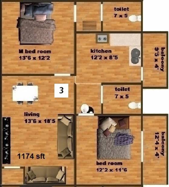 Venkatasai Land Ridge Floor Plan (2BHK+2T (1,174 sq ft) 1174 sq ft)