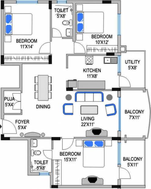 Indrasai Indrasadan Floor Plan (3BHK+3T (1,540 sq ft) + Pooja Room 1540 sq ft)