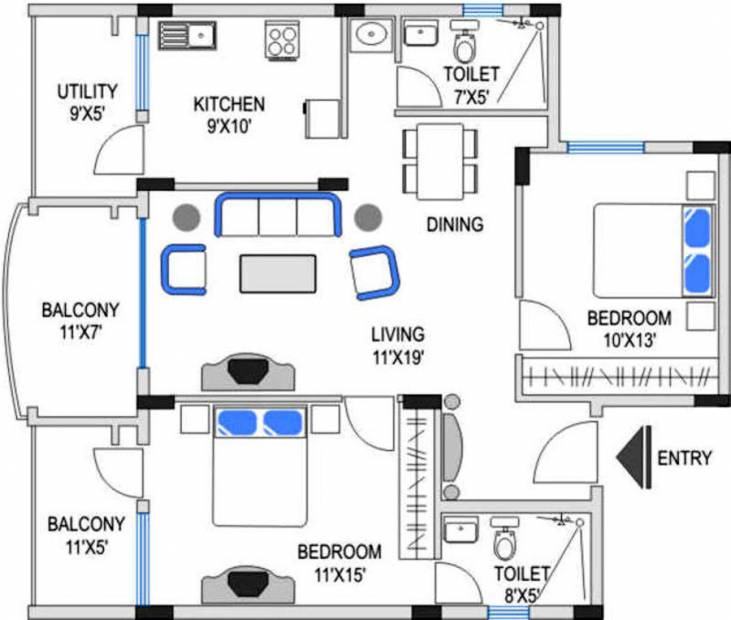 Indrasai Indrasadan Floor Plan (2BHK+2T (1,270 sq ft) 1270 sq ft)