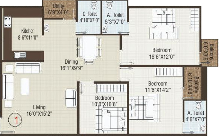 Abhee Builders Elite Unique Floor Plan (3BHK+3T (1,565 sq ft) 1565 sq ft)