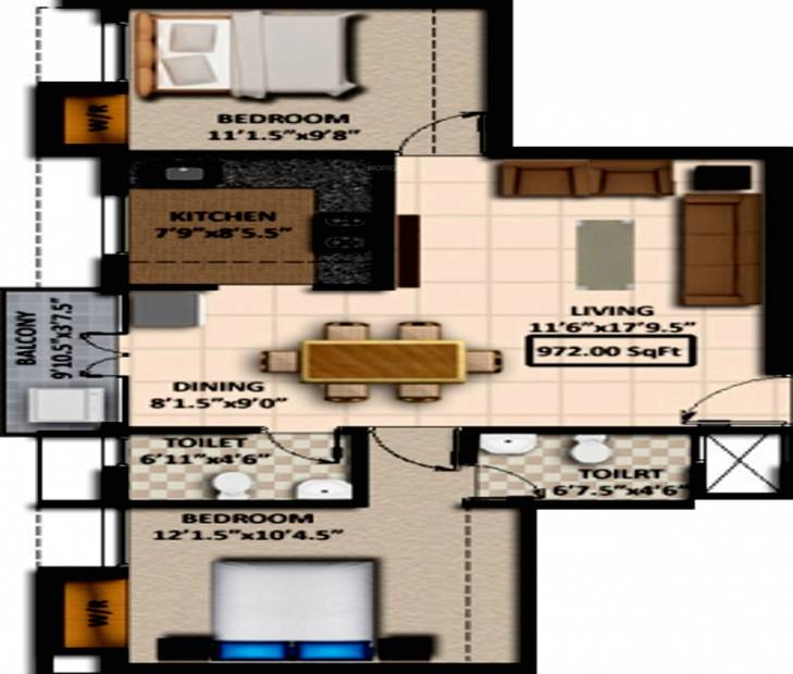 Kriya Sai Sudha (2BHK+2T (972 sq ft) 972 sq ft)