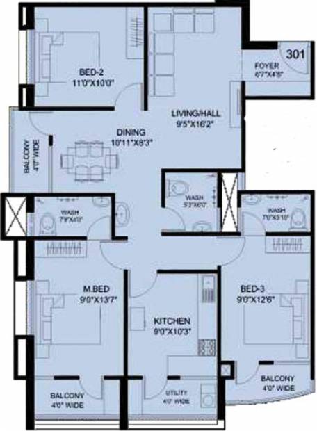 Hamco Builders And Developers Atlantis Floor Plan (3BHK+3T (1,360 sq ft) 1360 sq ft)