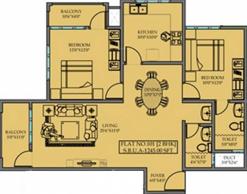 Priyadarshini Krishna Residency (2BHK+2T (1,245 sq ft) 1245 sq ft)