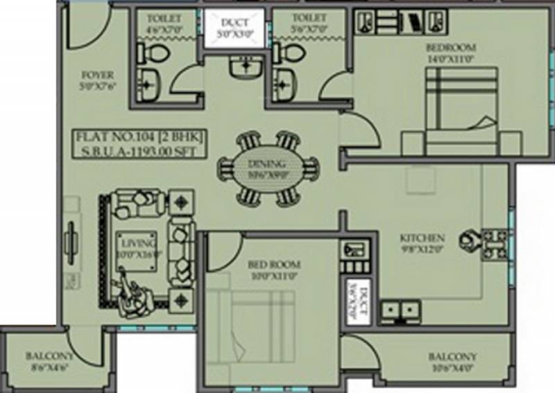 Priyadarshini Krishna Residency (2BHK+2T (1,193 sq ft) 1193 sq ft)
