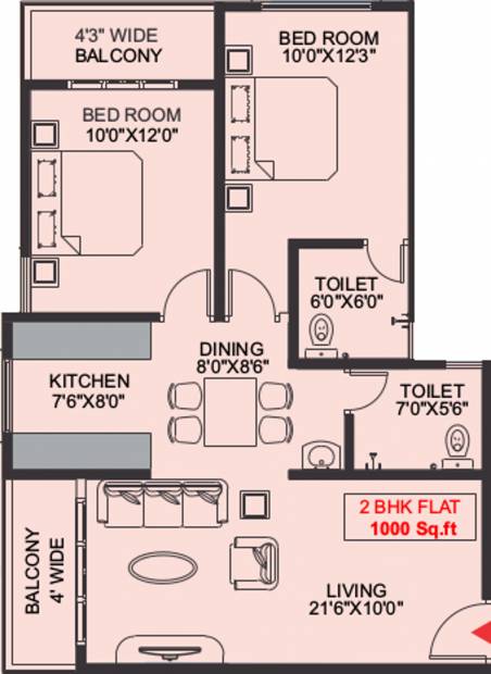 Bharath Developers Shree Ranga Floor Plan (2BHK+2T (1,000 sq ft) 1000 sq ft)