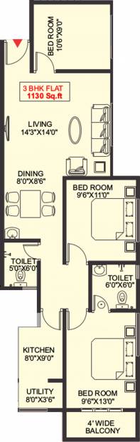 Bharath Developers Shree Ranga Floor Plan (3BHK+2T (1,130 sq ft) 1130 sq ft)