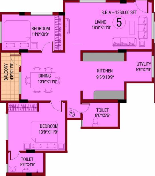 Sagri Builders And Developers Om Vihar Floor Plan (2BHK+2T (1,230 sq ft) 1230 sq ft)